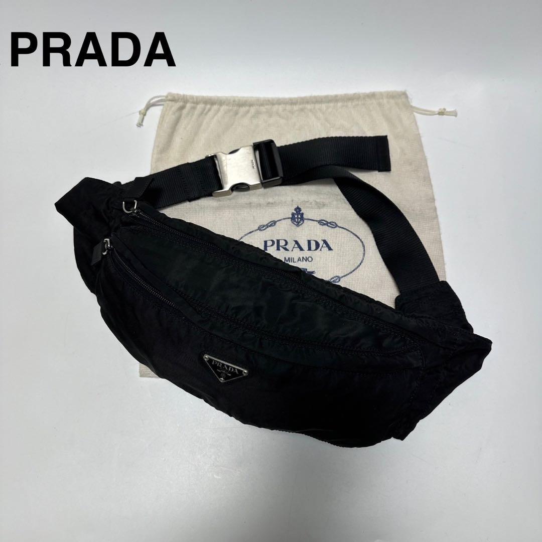 i81【極美品】プラダ　三角ロゴ　ナイロンブラック　ウエストポーチボディバッグ
