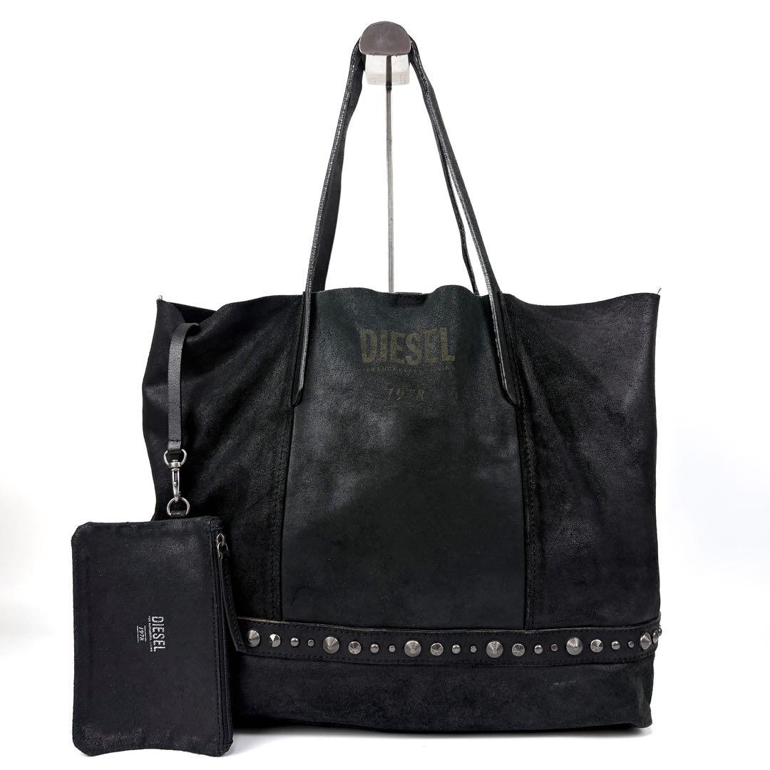 DIESEL　トートバッグ　スタッズ　ポーチ付き　レザー　スエード　ブラック