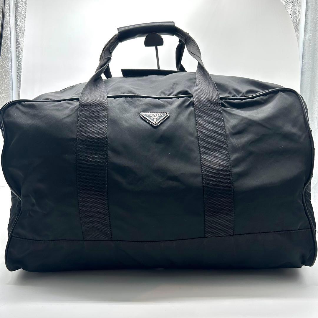 人気✨プラダ　ナイロン　ボストンバッグ　旅行用　レザー　三角プレート