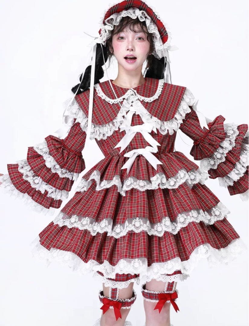 SOS MEME CLUB赤いチェック ワンピース M セット