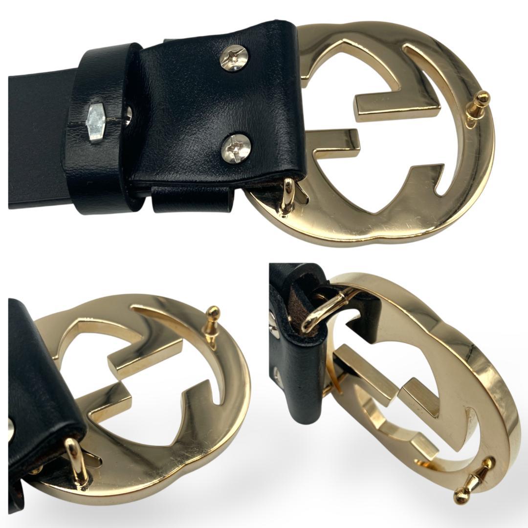 GUCCI グッチ インターロッキングバックル ベルト付き ゴールド ブラック