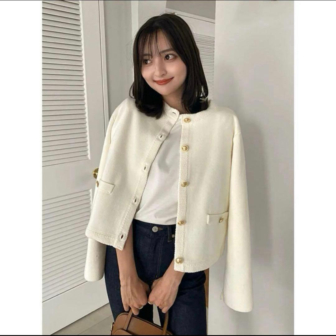 ZOZO限定anuans オリジナルボタンノーカラーニットジャケットレディース