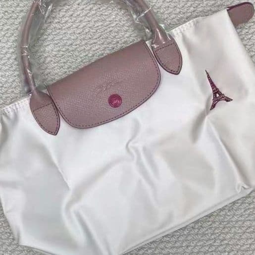 残①Longchamp エッフェル塔刺繍 ハンドバッグ S ホワイト/ピンク