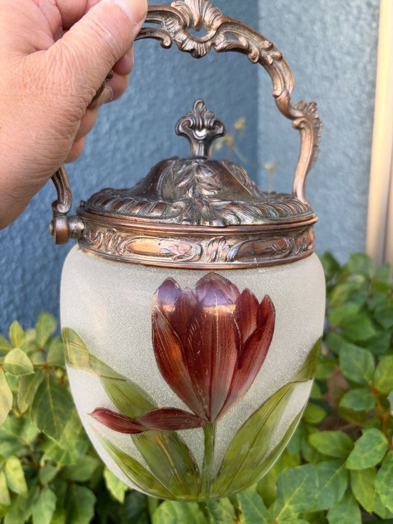 ※専用※ アンティーク フロストガラス チューリップ手描　ビスケットジャー