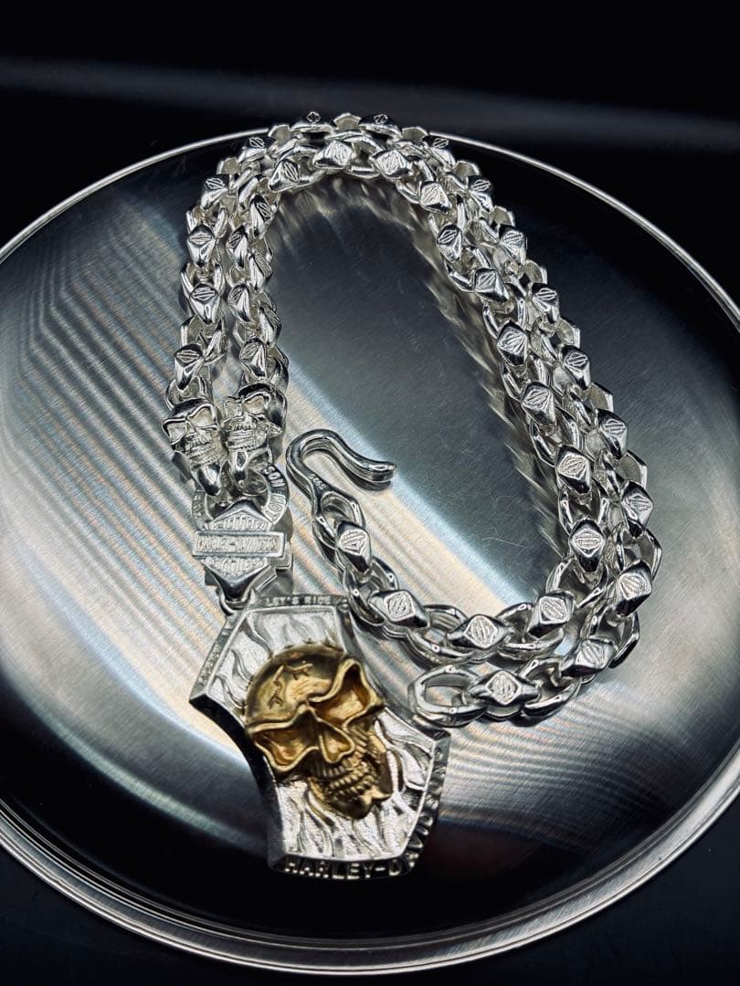 VINTAGE メンズレトロ シルバー ゴールドスカルネックレス