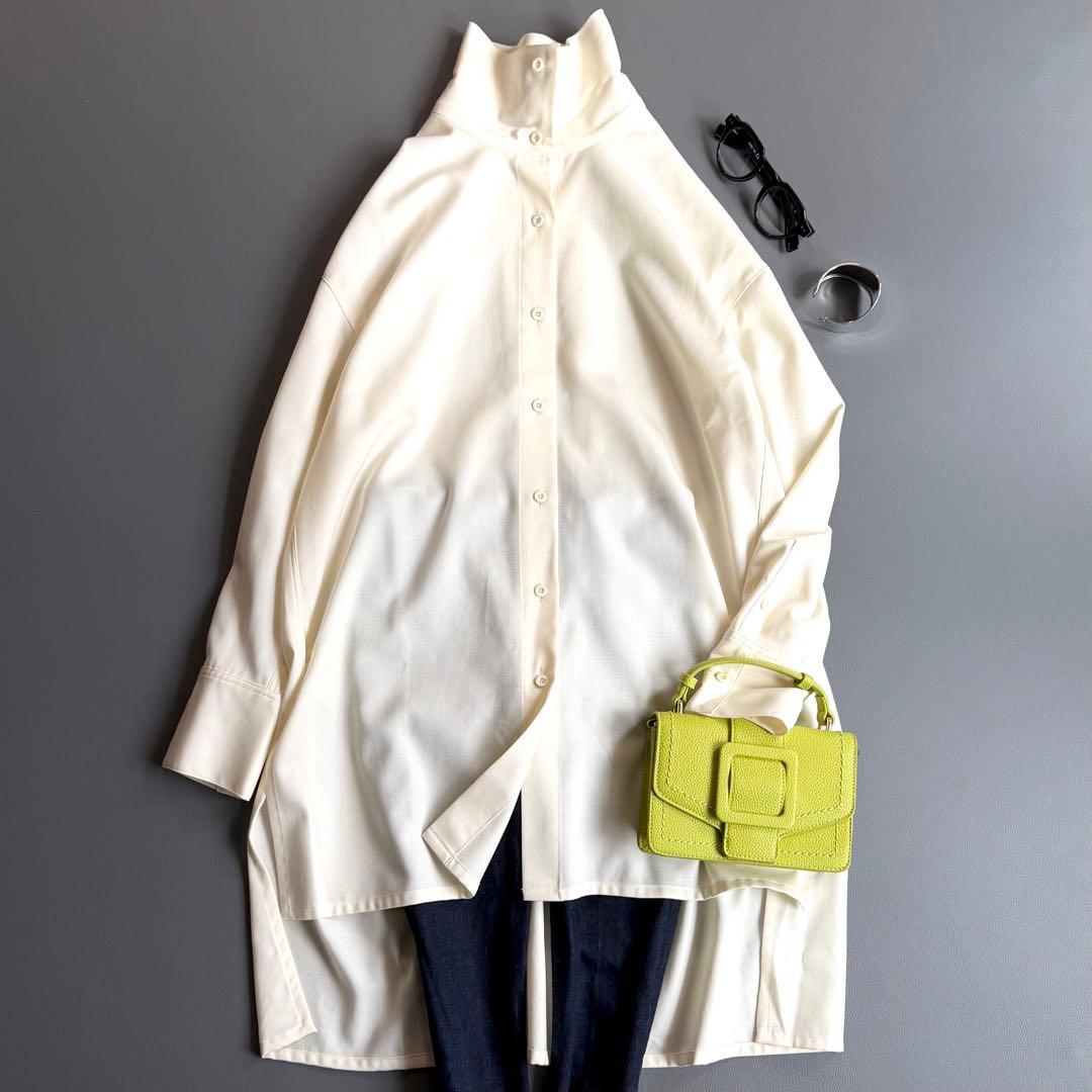 美品 キャバン CABaN ウールツイル ハイネックロングシャツ アイボリー